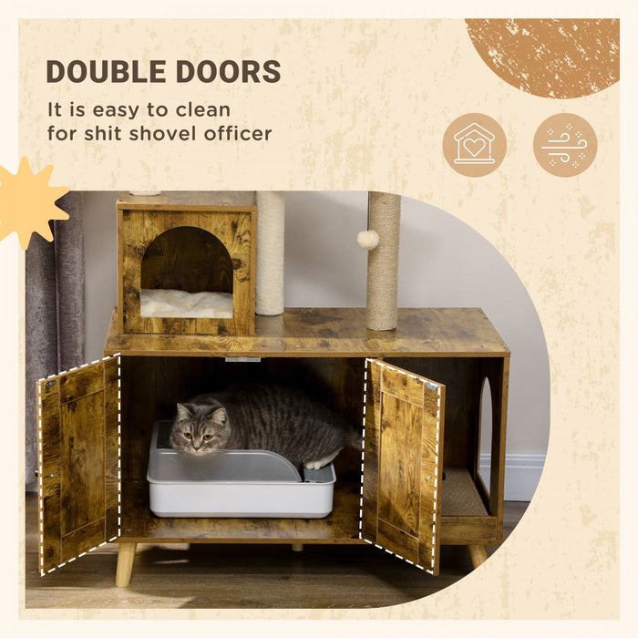 Pawhut Litter Box Enclosure With Cat Tree Tower, Hidden Cat Washroom Furniture With Condo, Scratchin