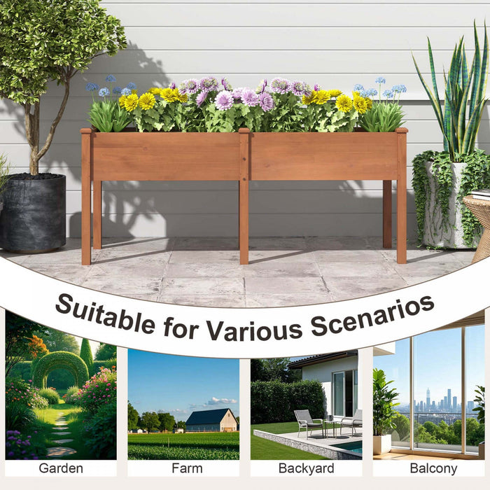Costway Raised Garden Bed Elevated Fir Wood Planter Box With 2 Large Planting Areas Brown