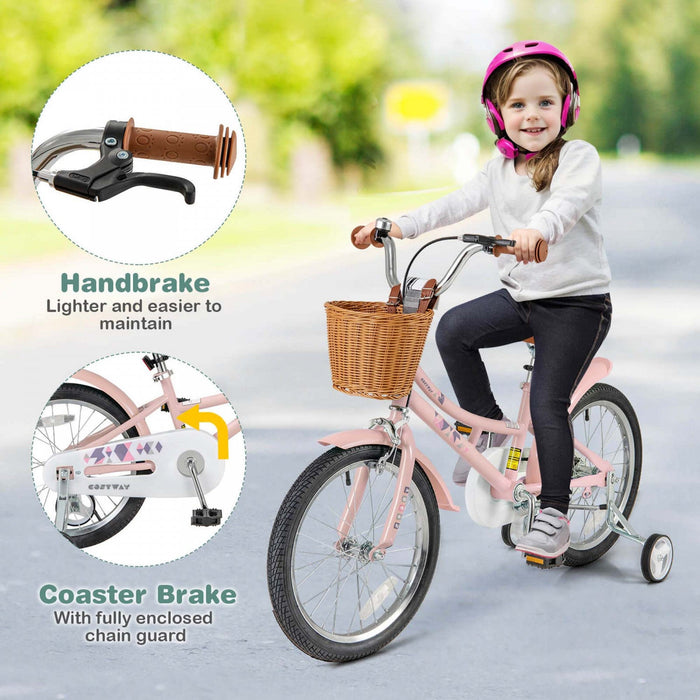 Costway 18" Kids Bike With Height Adjustable Handlebar Seat Basket Bell Training Wheels Pink