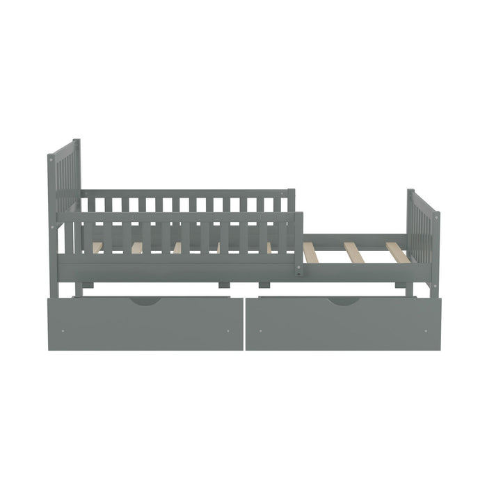 Emma Wood Platform Bed with Guardrails and Storage Drawers,Twin Size - Grey 
