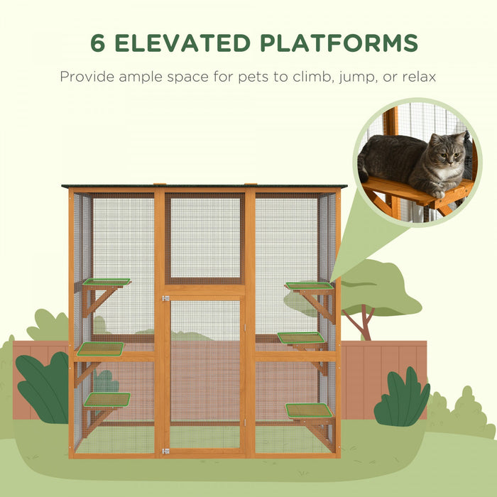 Pawhut Large Outdoor Catio Enclosure, Weatherproof Cat House With Asphalt Roof, Wooden Cat Patio Cag