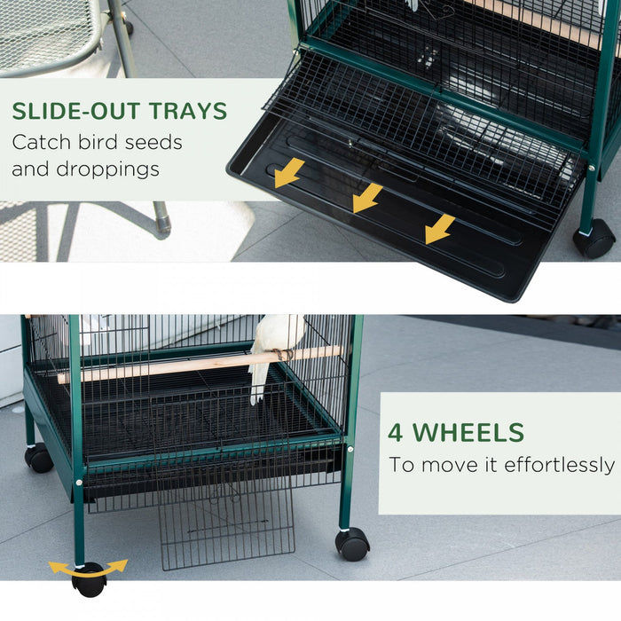 Pawhut 55.1\" 2 In 1 Bird Cage Aviary Parakeet House For Finches, Budgies With Wheels, Slide-out Tray