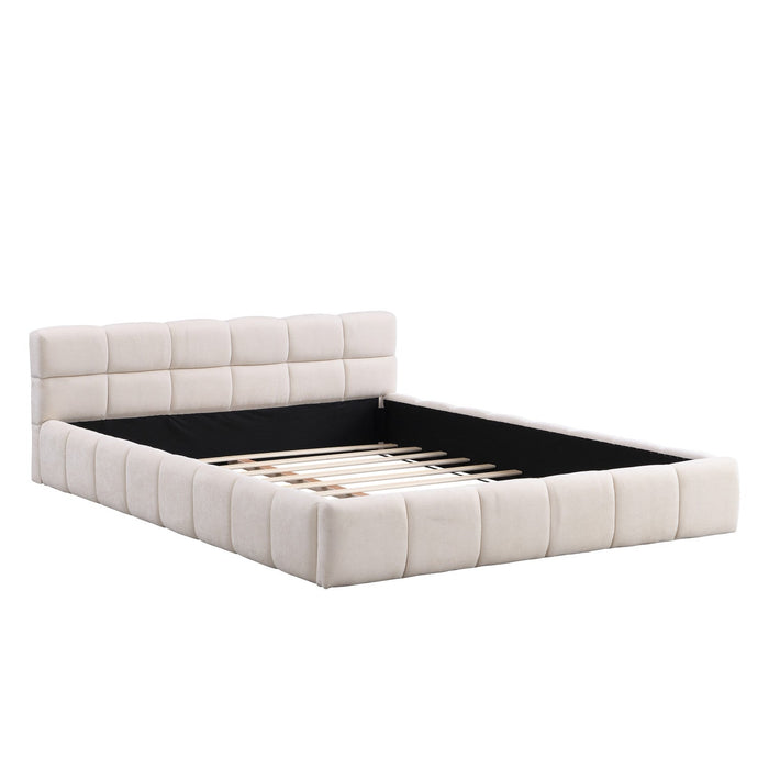 Eleanor Elegant Chenille Upholstered Bed with Checkerboard Design,Queen Size,Beige Queen Bed  