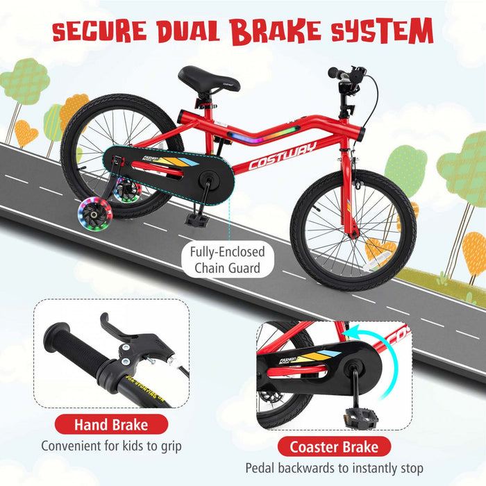 Costway 18" Led Lighted Kids Bike With Adjustable Seat Coaster Brake Training Wheels Red