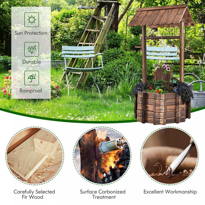 Costway Outdoor Wooden Wishing Well Bucket Flower Plants Planter Garden Home Decor