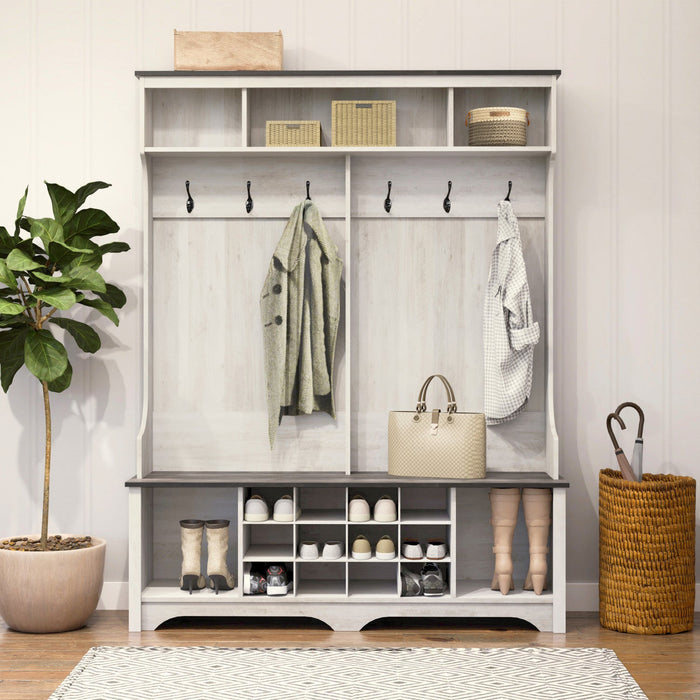 Rustic Ridge Farmhouse Entryway Storage Cabinet with Shoe Cubbies & Coat Hooks - Washed White