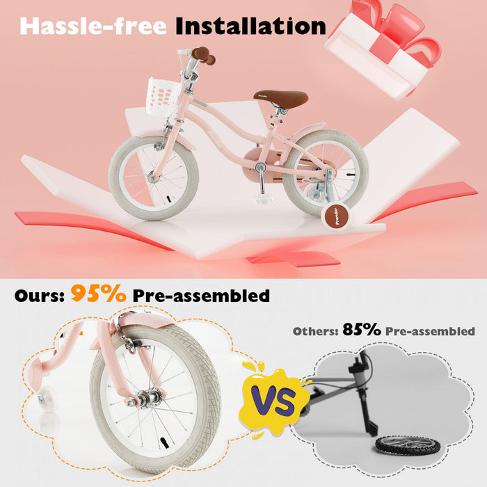 Costway 14" Kid's Bike With Removable Training Wheels & Basket For 3-5 Years Old Pink