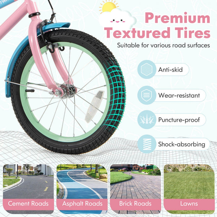 Costway 16" Kids Bike With Adjustable Saddle Handlebar Removable Training Wheels Handbrake Pink