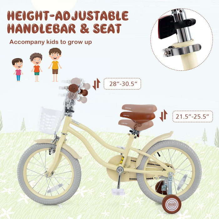 Prorider 16" Kids Bike Toddler Adjustable Bicycle With Training Wheel For 4-7 Years Old Girl Beige