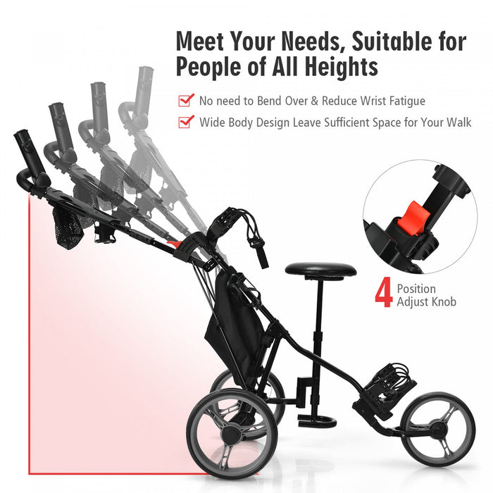 Goplus Folding 3 Wheels Golf Push Cart W/seat Scoreboard Adjustable Handle Grey
