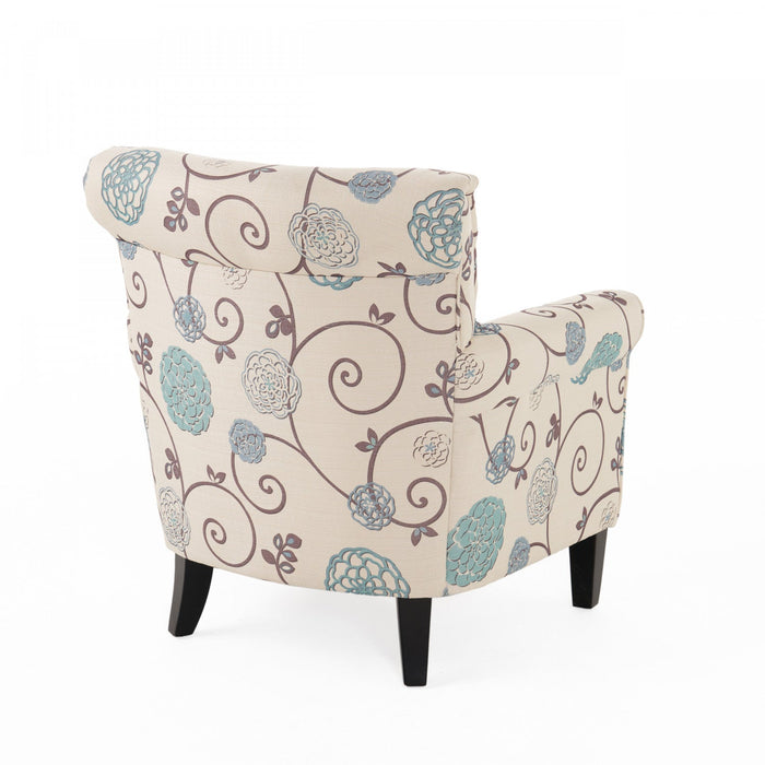 Catherine Linen-look Fabric Accent Chair With Wood Legs - White and Blue 