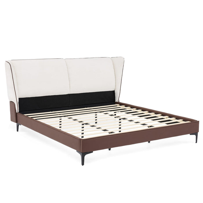 Ava Teddy Fleece Platform Bed with Wingback Headboard and Faux Upholstered, King Size, White King Bed  