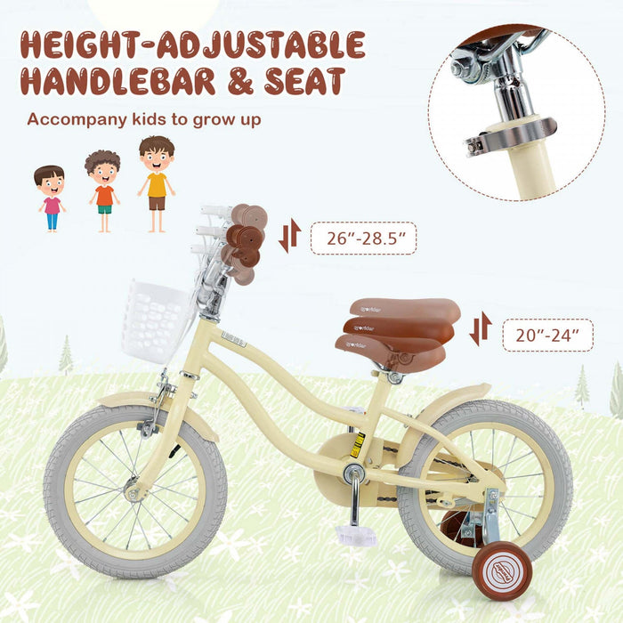 Prorider 14" Kid's Bike With Removable Training Wheels & Basket For 3-5 Years Old Beige