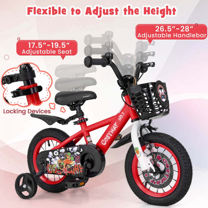 Costway 12" Kid's Bike For 3-4 With Height-adjustable Handlebar & Saddle Handbrake Red