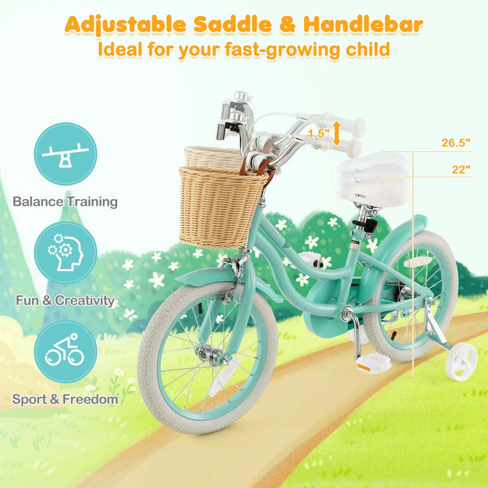 Prorider 16" Kid's Bike With Training Wheels Adjustable Handlebar Seat Handbrake Green