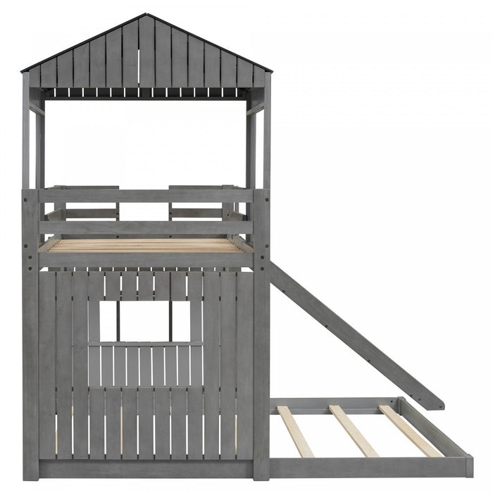 Marico Twin Over Solid Wood Full Bunk Bed With Slide, Playhouse Design - Antique Grey 