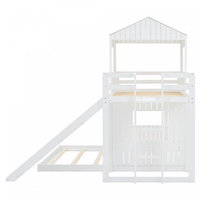 Marico Twin Over Solid Wood Full Bunk Bed With Slide, Playhouse Design - White 