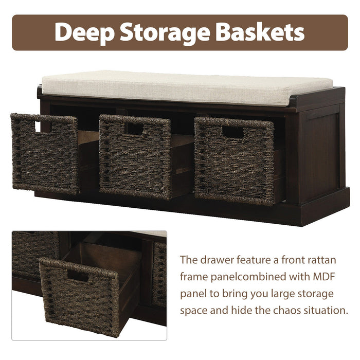 Leif Solid Wood And Rattan Baskets Storage Bench With Cushioned Seat - Espresso 