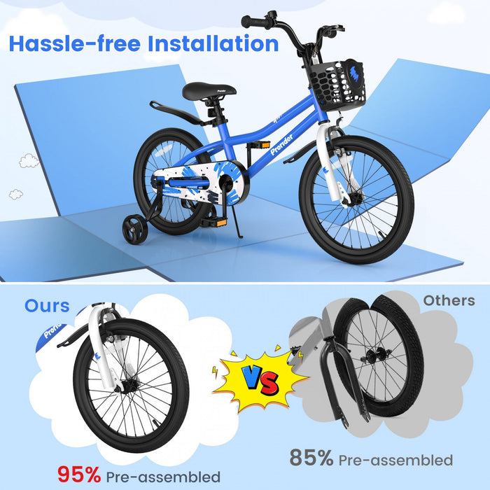 Costway 18" Kid's Bike With Removable Training Wheels & Basket For 4-8 Years Old Blue