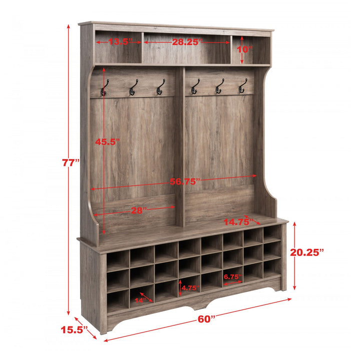 Hall Tree With 24 Shoe Cubbies - Drifted Grey