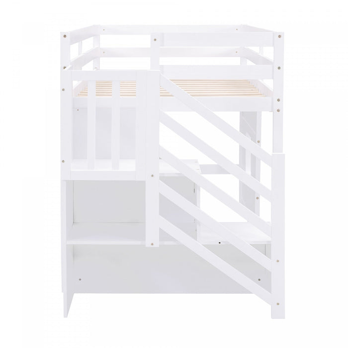 Martin Twin Solid Wood Loft Bed With Storage Stairs, Play Window, Led Light - White 