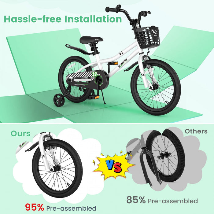 Costway 18" Kid's Bike With Removable Training Wheels & Basket For 4-8 Years Old White