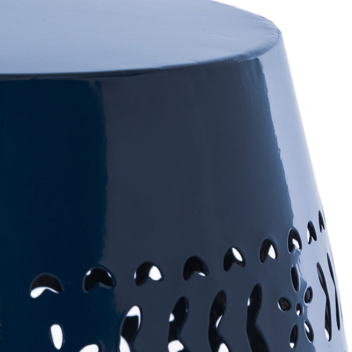 Phoenix Indoor 12\" Barrel Shape Iron Side Table With Lace-cut Design - Navy Blue 