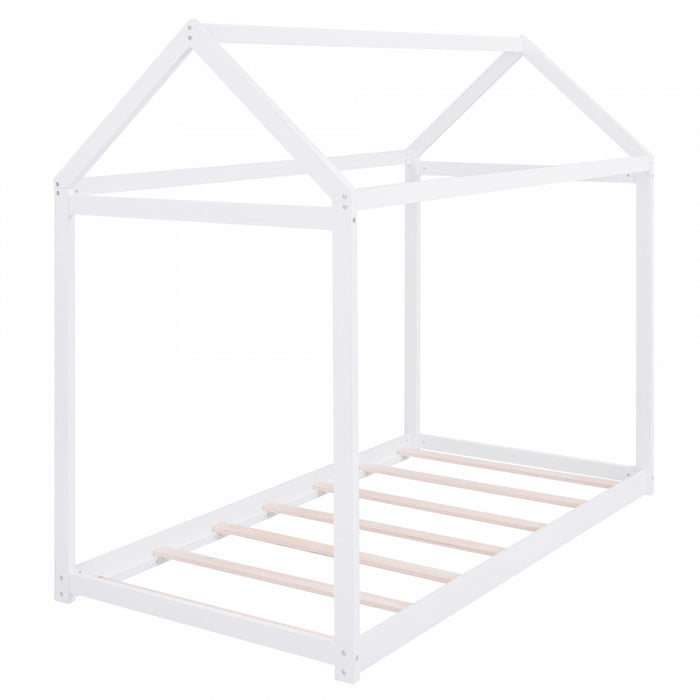Susan Easy-clean Design Solid Wood House Bed With Roof Frame, Twin Size - White 