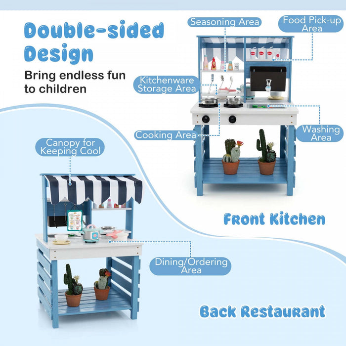 Costway 2-in-1 Wooden Mud Kitchen With Canopy Removable Sink Water Box Faucet Sound Effect