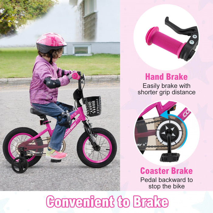Costway 12" Kid's Bike With Training Wheels Adjustable Handlebar & Seat Handbrake Pink