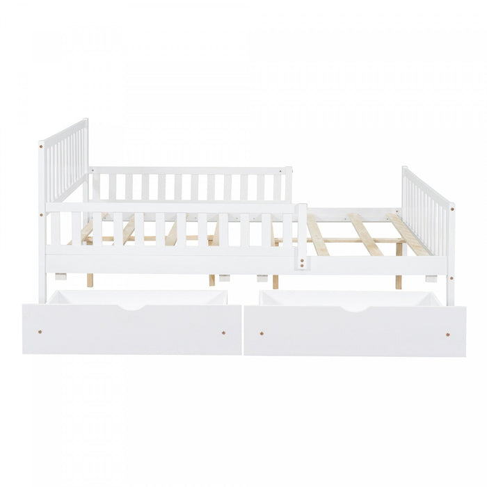 Emma Wood Platform Bed with Guardrails and Storage Drawers,Full Size - White 