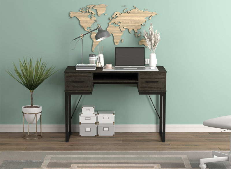 43” Computer Desk With 2 Drawers And 1 Shelf - Dark Grey With Black Metal Base 