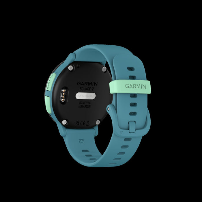 Garmin Bounce 2 Turquoise Kids Smartwatch - Active Tracker, Two-Way Communication, Weather Updates, Stopwatch Alarms, Assistance Feature, Family Challenges