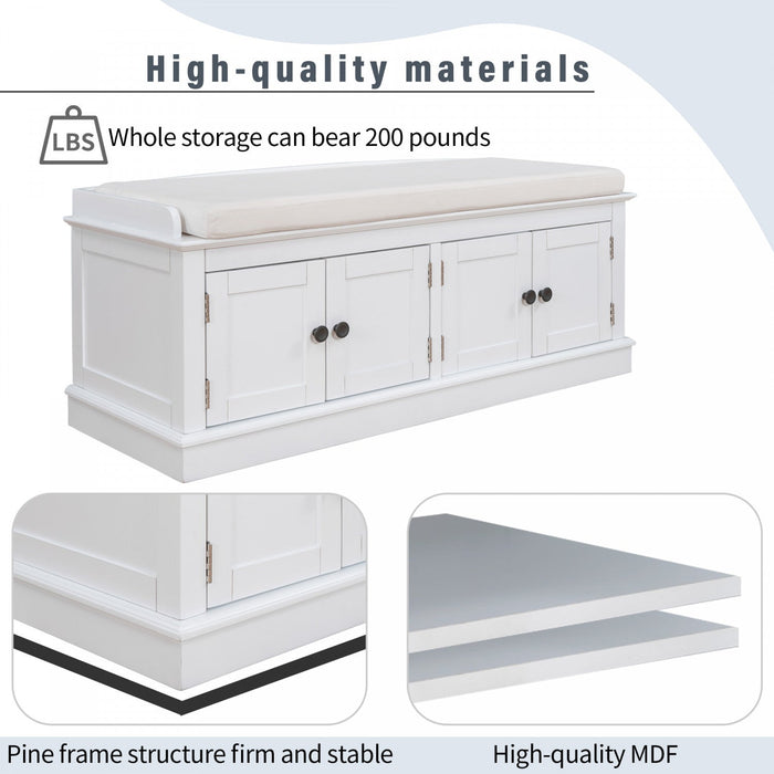 Daniel Solid Wood Storage Bench With 4-door Shoe Cabinet With Adjustable Shelves - White 