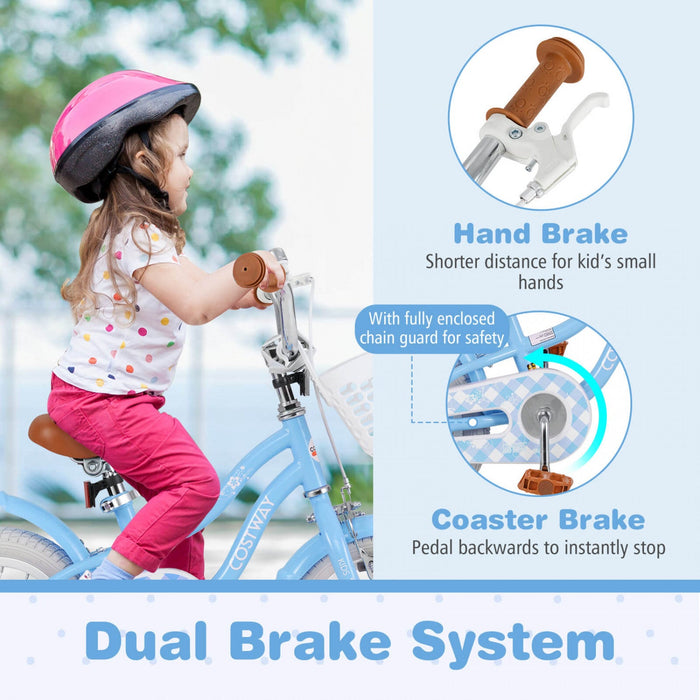 Costway 14" Kid's Bike With Removable Training Wheels & Basket For 3-5 Years Old Blue