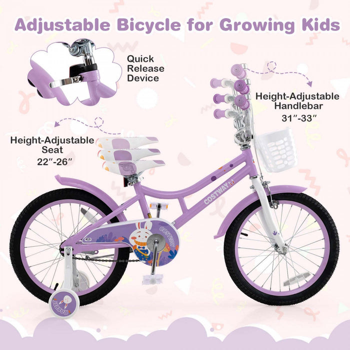 Costway 18" Girl Bike With Basket Detachable Training Wheels Adjustable Seat Handbrake Coaster Brake Purple