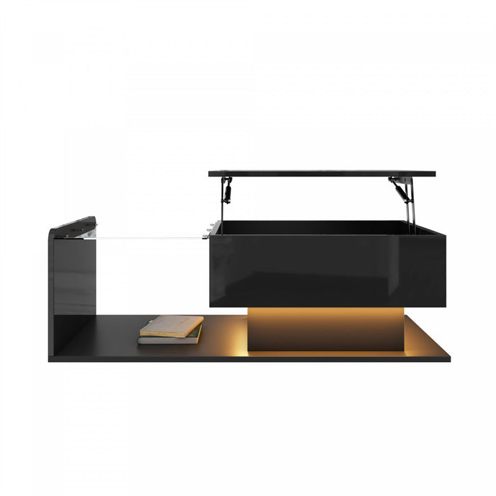 Jonson Modern Lift-top Coffee Table With Led Lighting,high-gloss Black 