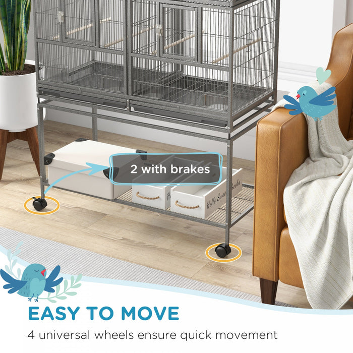 Pawhut 61 Inch Large Double Rolling Metal Bird Cage Bird House With Removable Metal Tray, Storage Sh