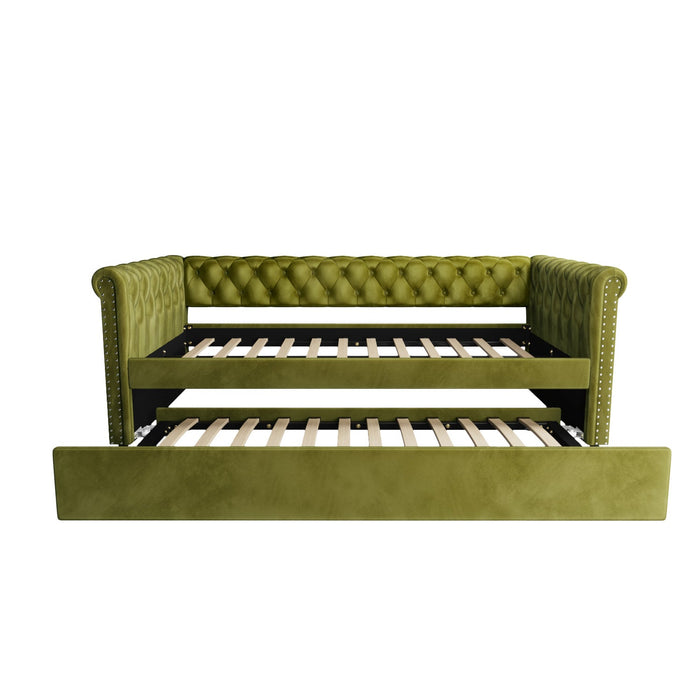 Sophia Tufted Design Upholstered Daybed with Trundle and Comfortable Backrest,Green  