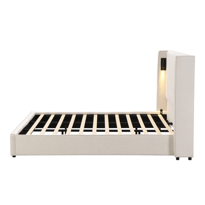 Olivia Upholstered Bed with Wingback Headboard and USB Ports,King Size - Beige 