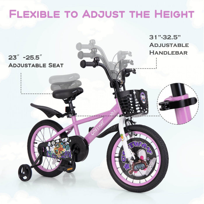 Costway 16" Kid's Bike For 4-7 With Height-adjustable Handlebar & Saddle Handbrake Purple