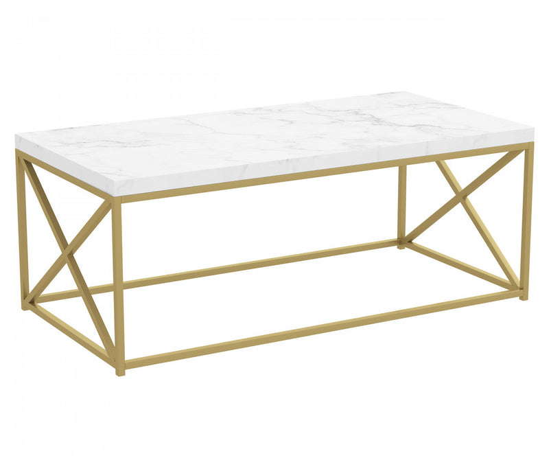 44\" Coffee Table Marble Look With Gold Metal 