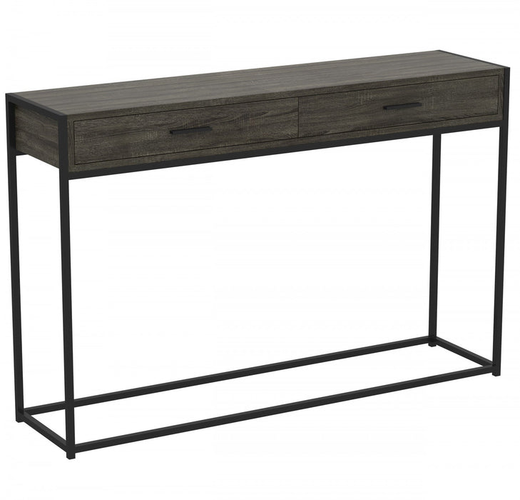 48” Modern Console Table With 2 Drawers - Dark Grey Wood With Black Metal 