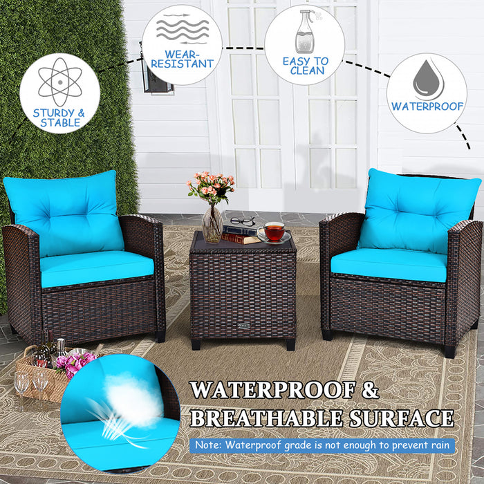 Costway 3pcs Patio Rattan Furniture Set Cushioned Conversation Set Sofa Turquoise