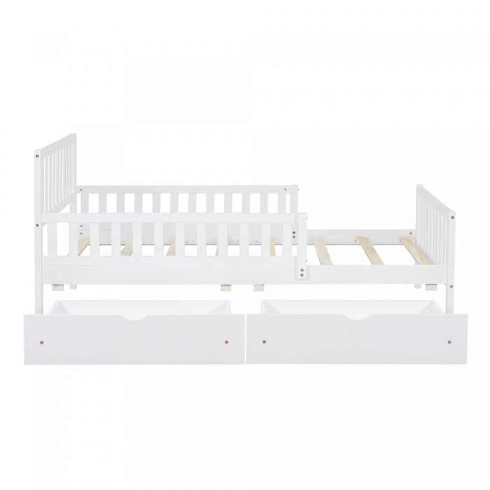 Emma Wood Platform Bed with Guardrails and Storage Drawers,Twin Size - White 