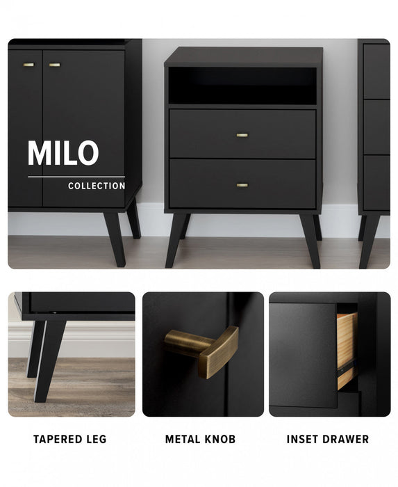 Milo Mid-Century Modern Bookcase with 6 Shelves, 2 Doors & Brushed Brass-Finished Knobs - Black