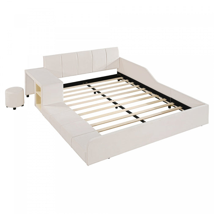 Lily Velvet Upholstered Grounded Bed with Desk and Stool,Queen Size,Beige Queen Bed  
