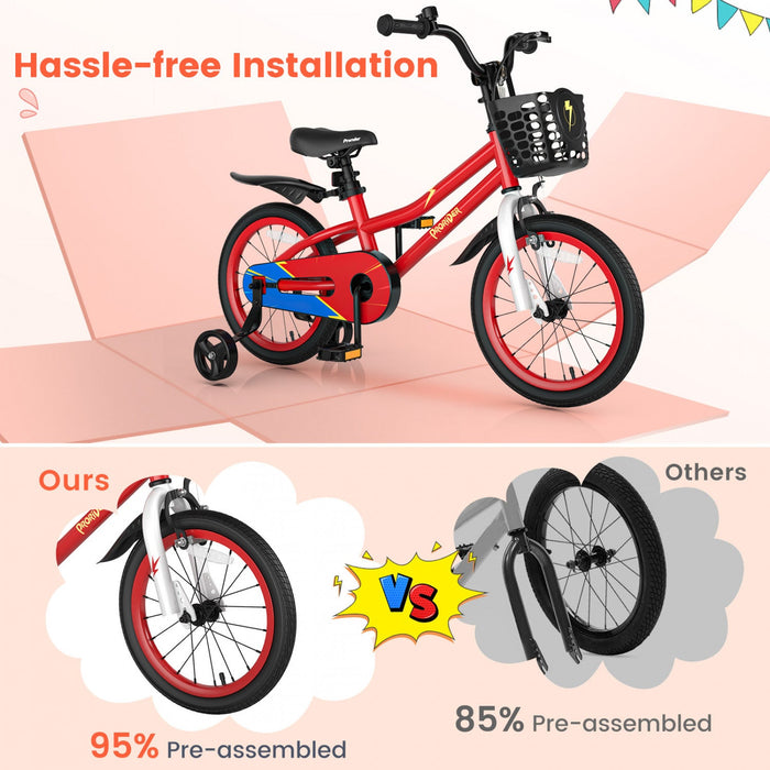 Costway 16" Kid's Bike With Removable Training Wheels & Basket For 4-7 Years Old Red