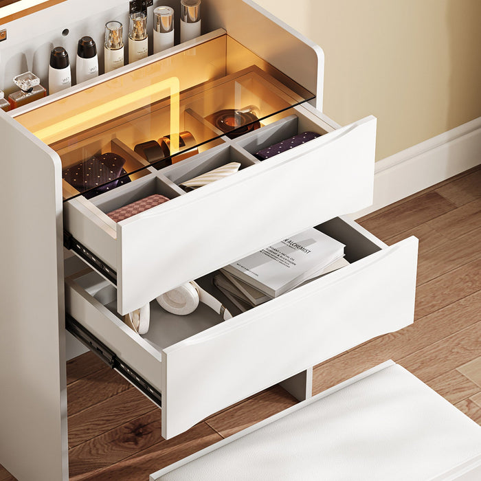 Emily 3-in-1 Vanity Table Set with LED Mirror and Storage,White Mirror Cabinet  