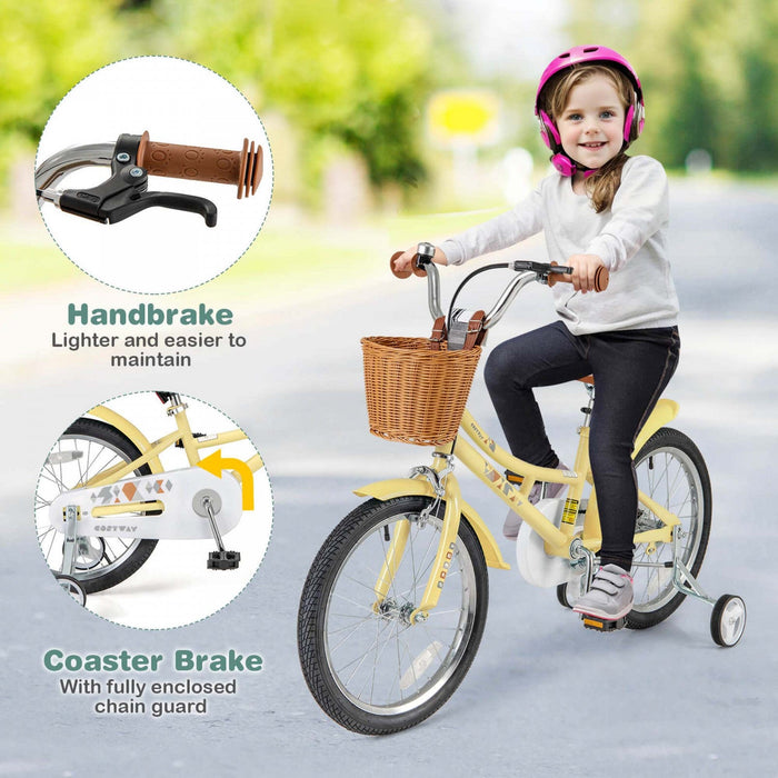 Costway 18" Kids Bike With Height Adjustable Handlebar Seat Basket Bell Training Wheels Yellow